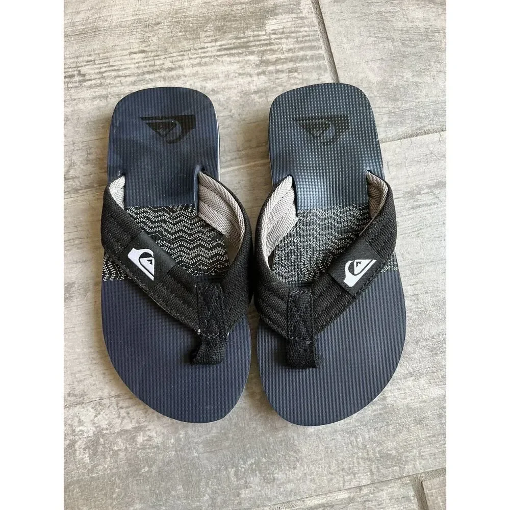 Quiksilver Flip Flops Black Navy Little Kids Boys Youth Sandals Beach Canvas 12